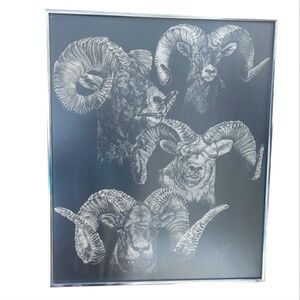 CH Merryfield Signed 4 Big Horn Mountain Rams Sketch Framed Artwork 1975 Titled